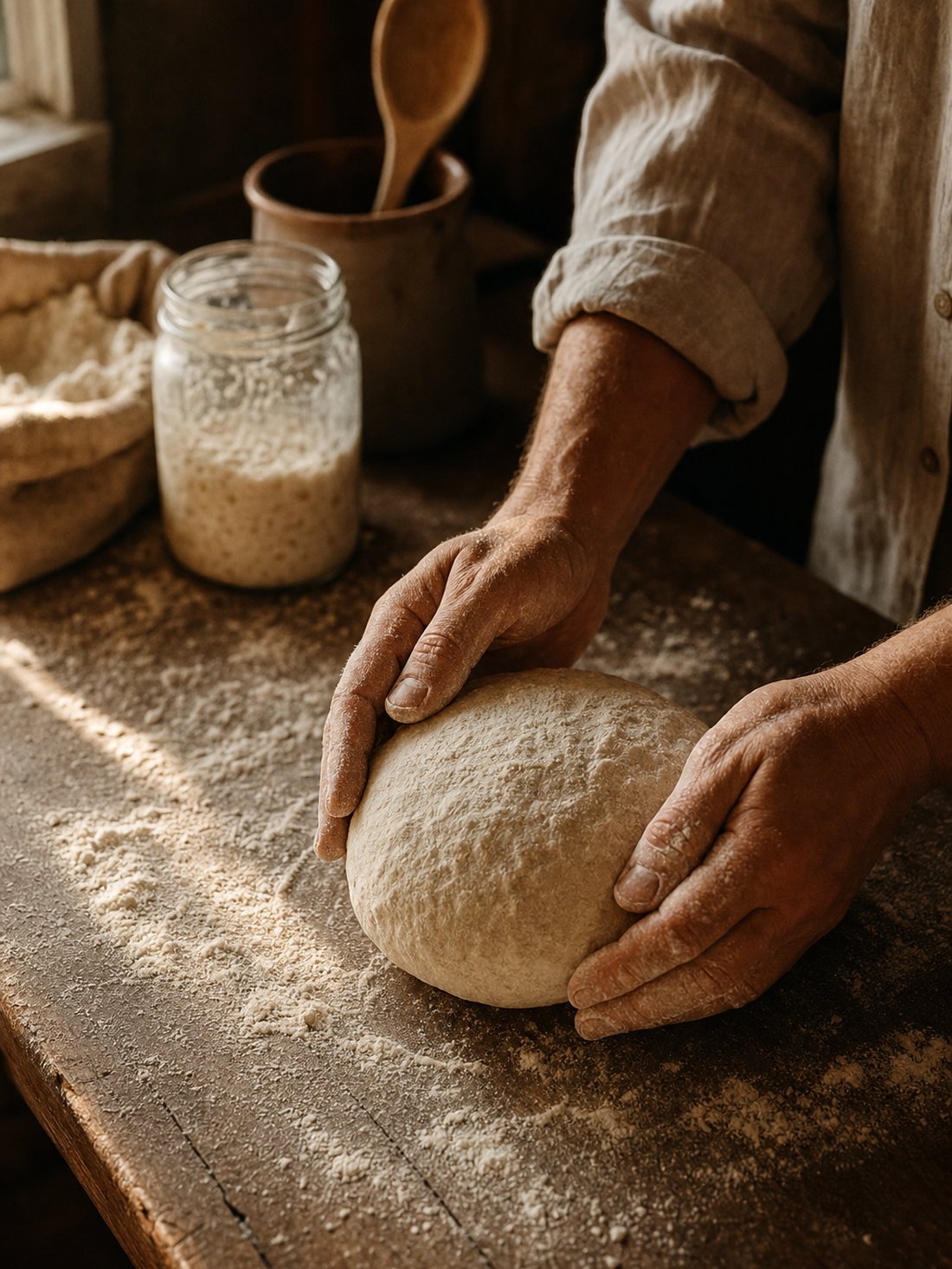 Flour-dusted hands shaping a round of sourdough dough on a wooden counter