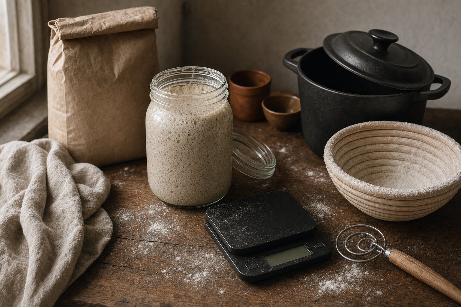 A bag of flour, a jar of bubbly sourdough starter, a kitchen scale, a Danish dough whisk, a cast iron Dutch oven, and a flour-dusted banneton arranged on a wooden table in warm window light