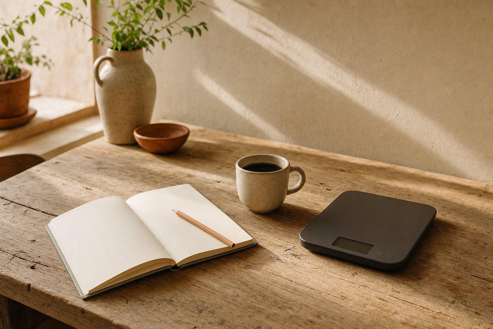 An open notebook, a coffee cup, and a kitchen scale on a wooden table in warm morning light