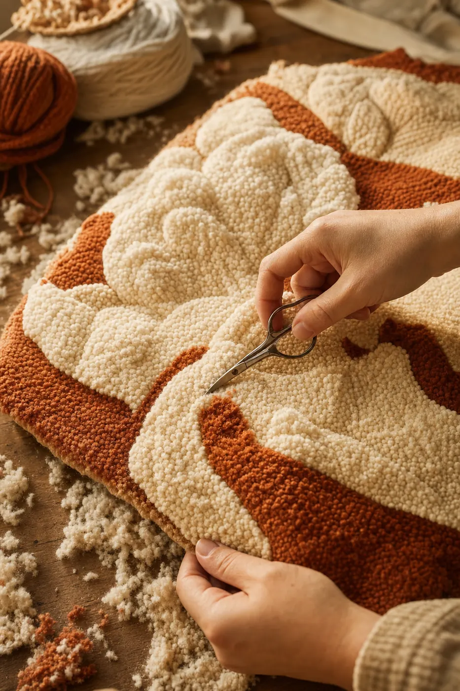 Hands carving a sculpted rug with appliqué scissors
