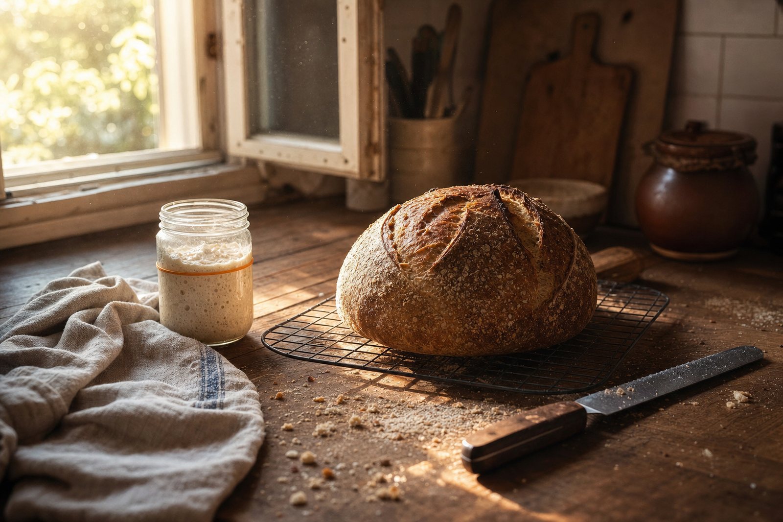 A sourdough boule cooling on a kitchen counter in low morning light