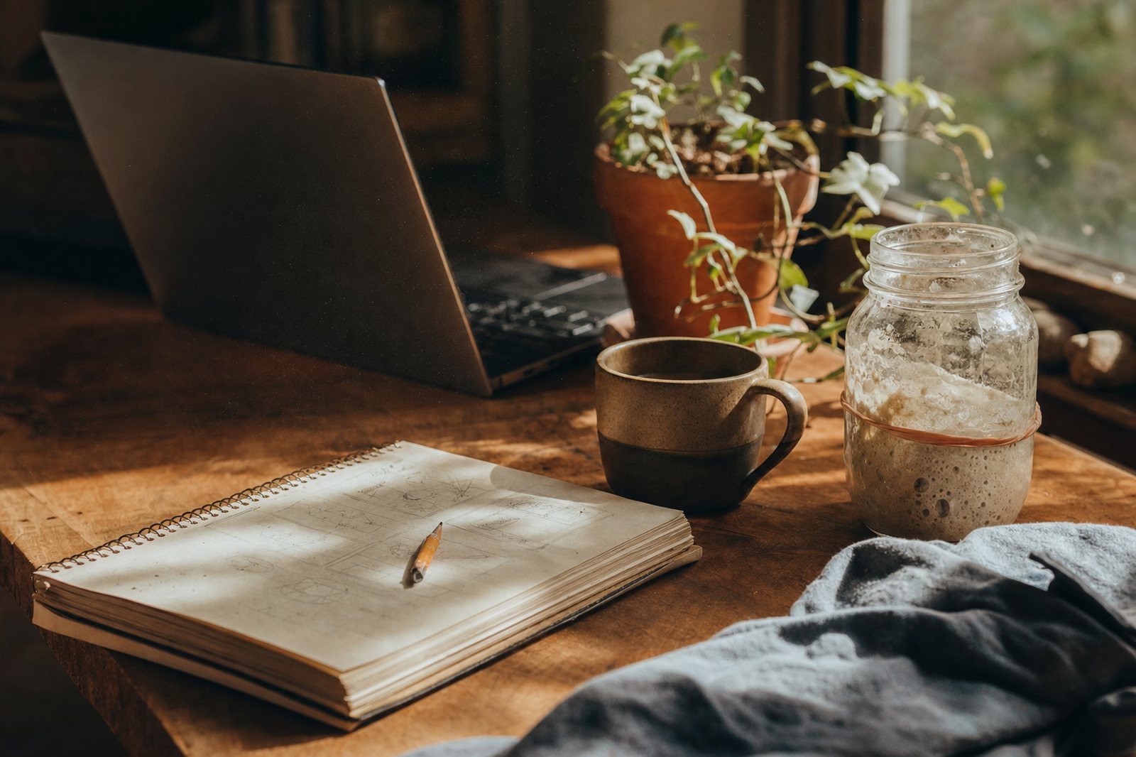 A quiet home workspace in warm afternoon light